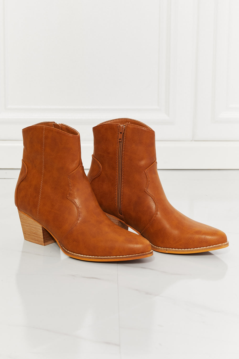 Faux Leather Western Ankle Boots in Ochre