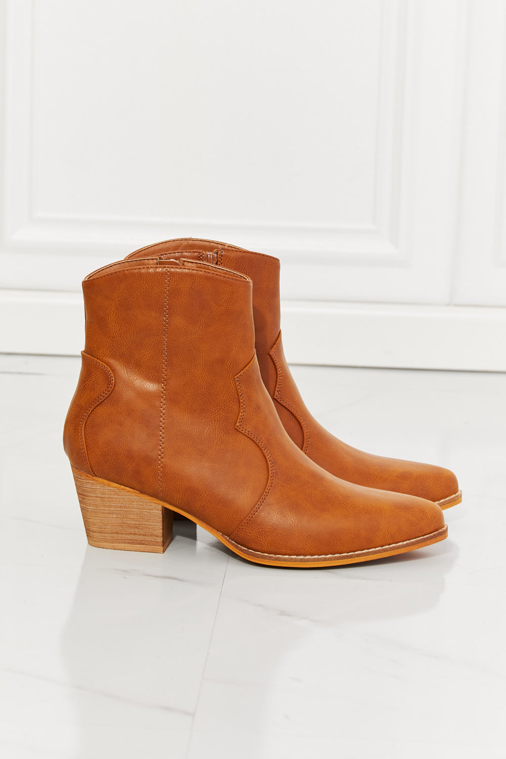 Faux Leather Western Ankle Boots in Ochre