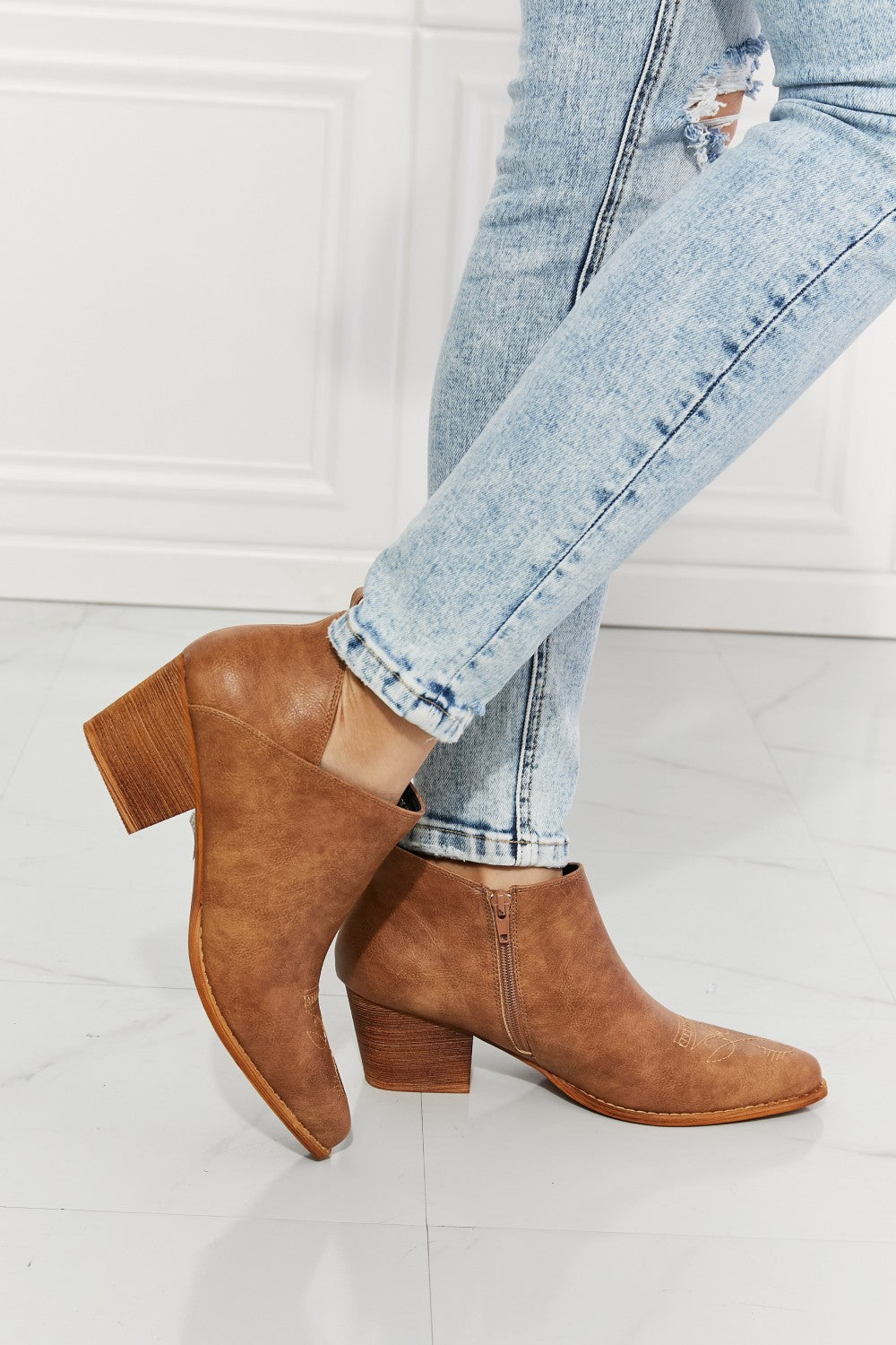 Embroidered Crossover Cowboy Bootie in Caramel