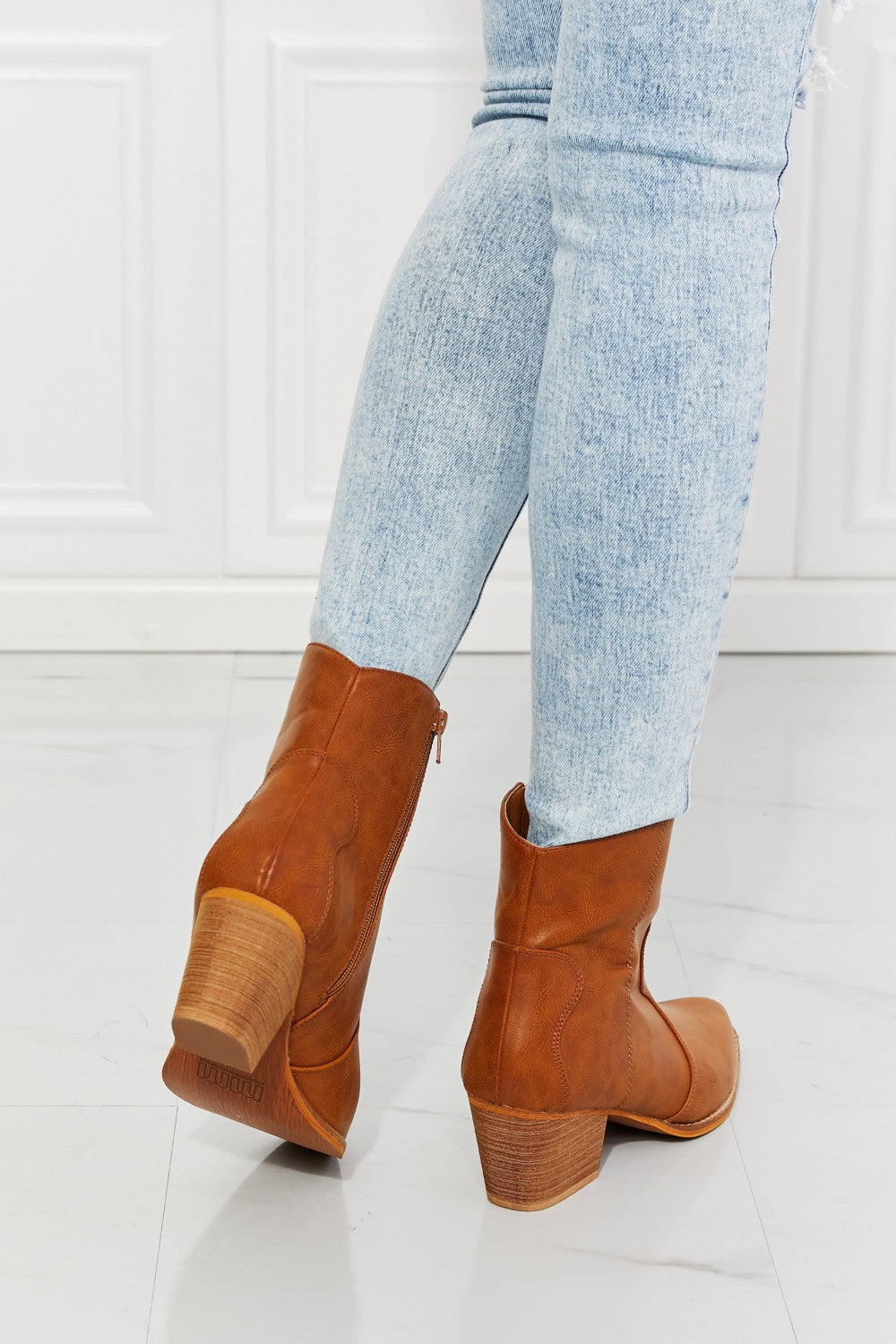 Faux Leather Western Ankle Boots in Ochre