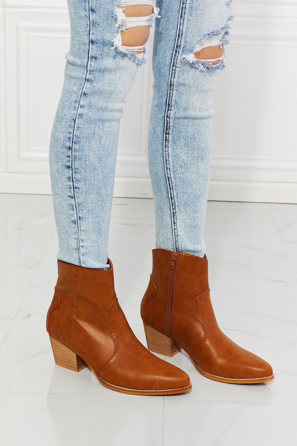 Faux Leather Western Ankle Boots in Ochre