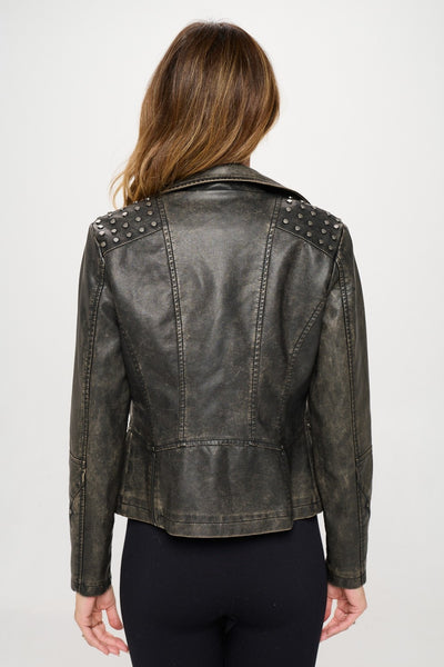 Studded Classic Moto Faux Leather Jacket Brown